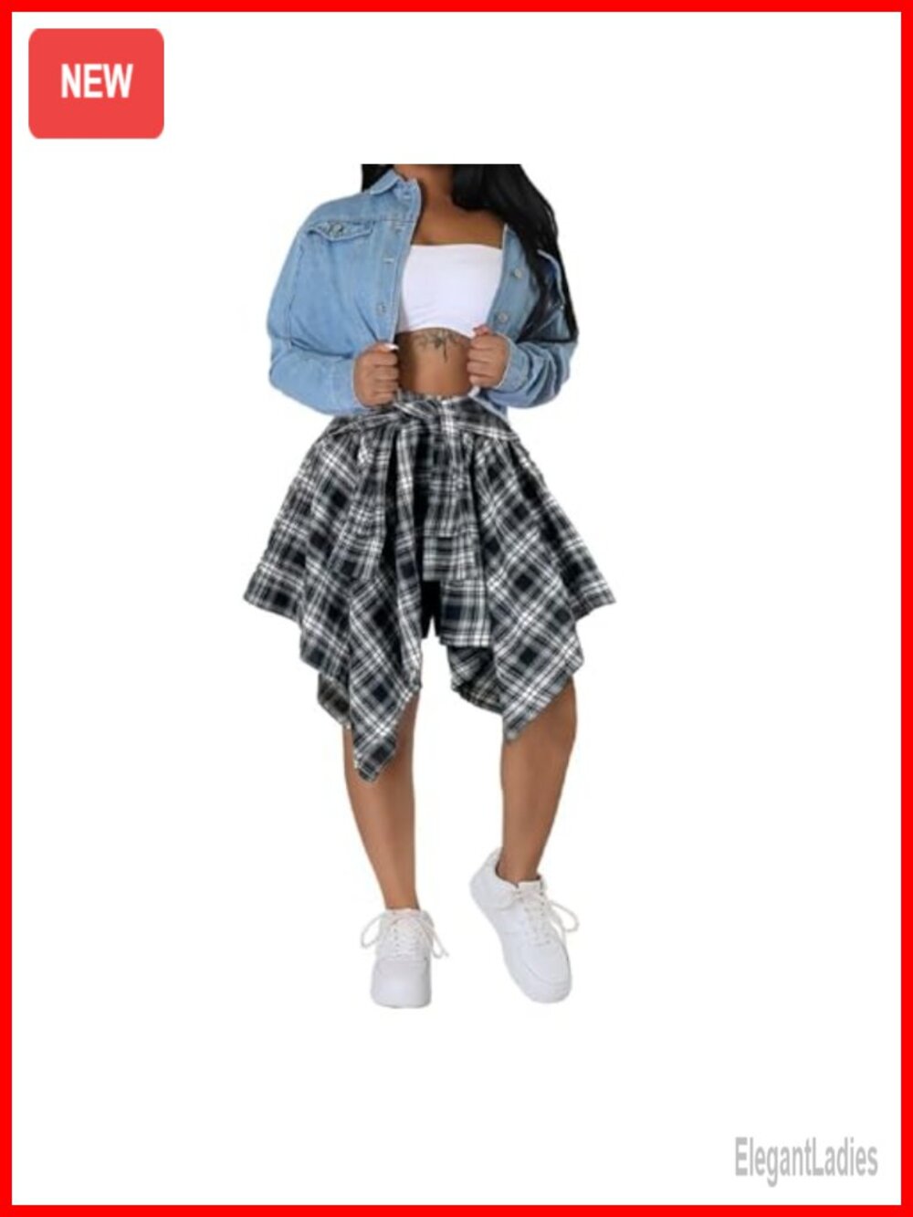 Plaid Asymmetrical Hem High Waist Knot Front A-Line Mini Skirt